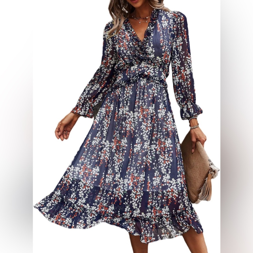 Simplee Women's V Neck Ruffles Floral Printed Long Sleeve Dress